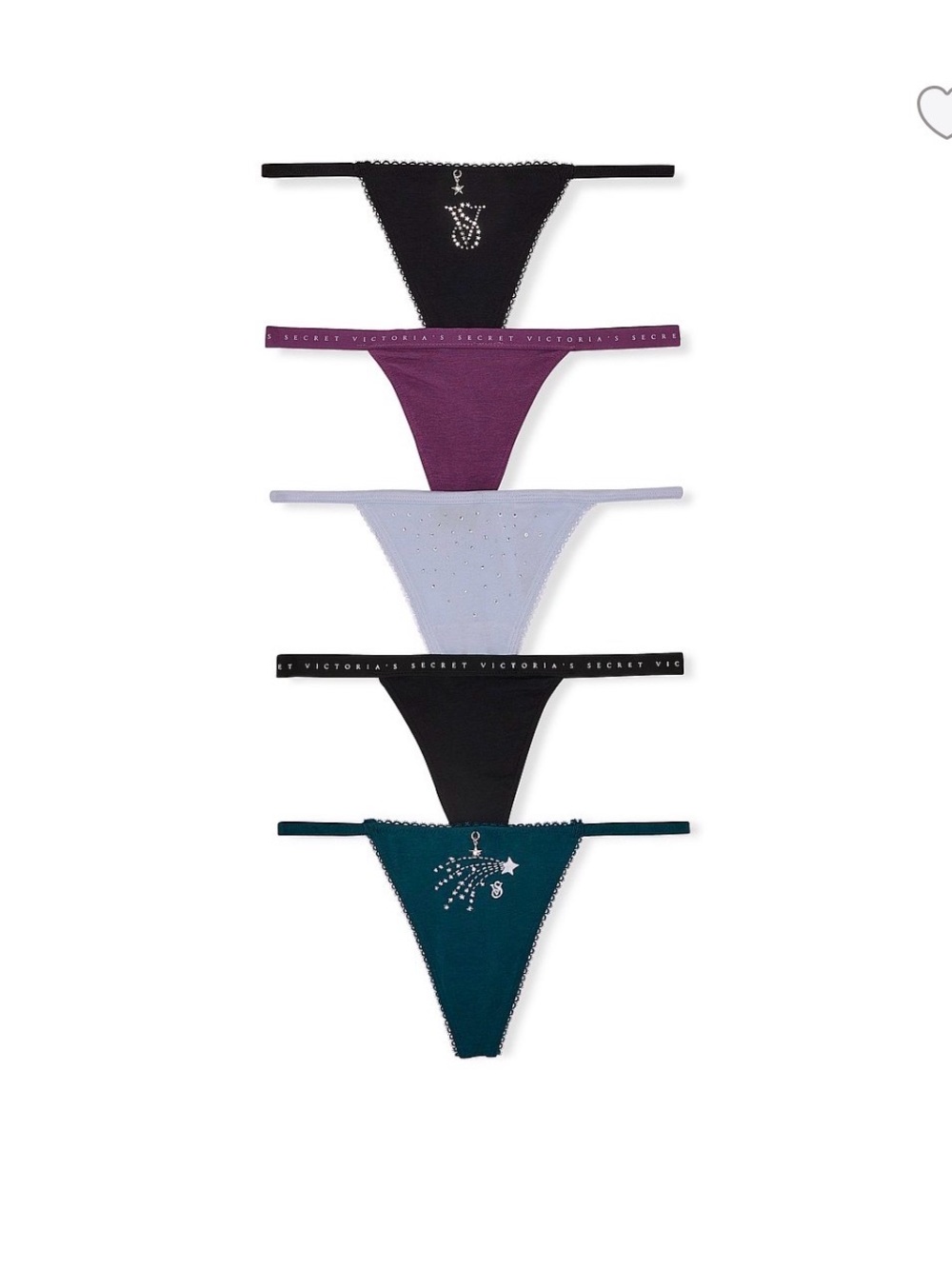 Victoria's Secret Rhinestone 5-Pack Thong Set - Black, Purple, Lavender, Teal